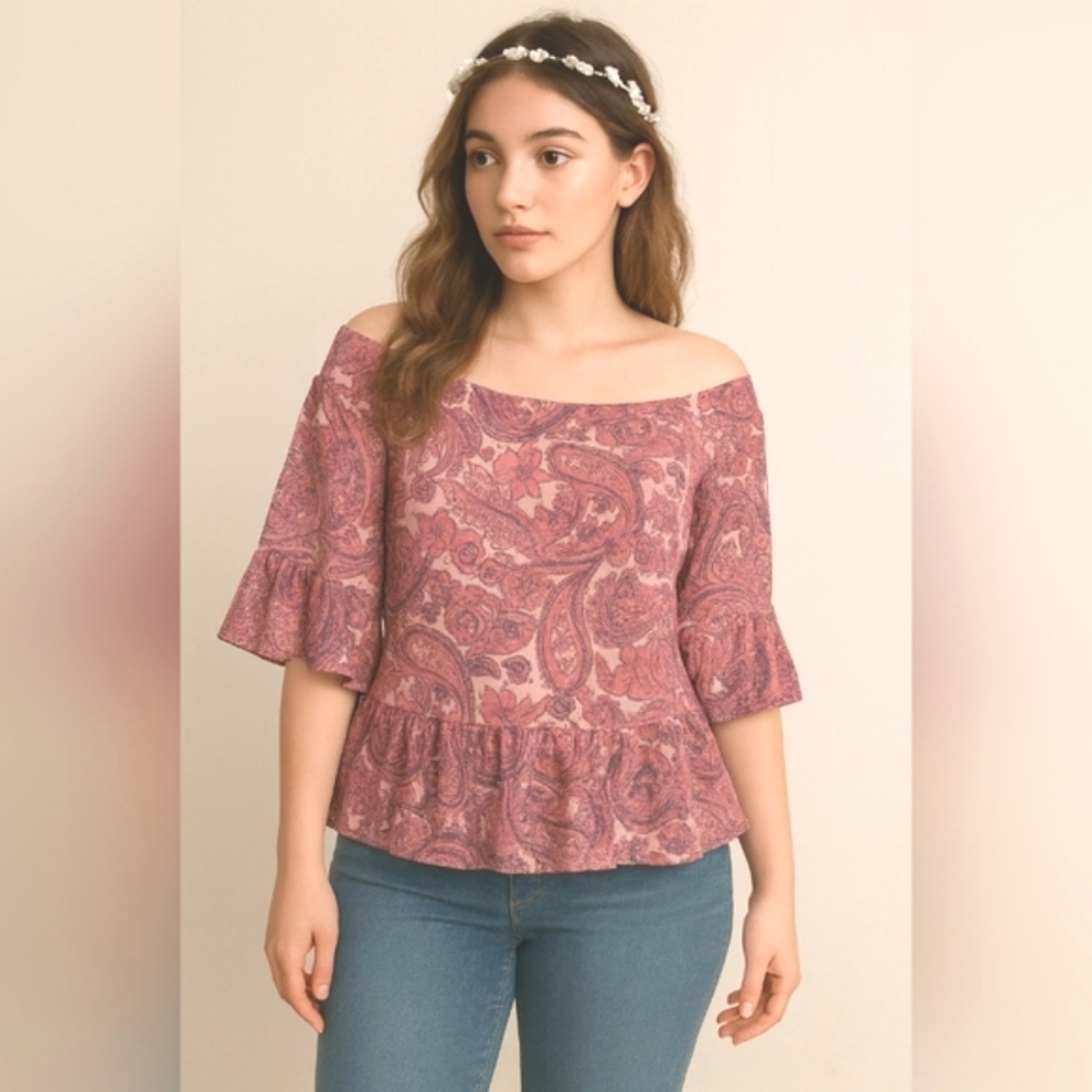 🌸 SPEECHLESS Boho Paisley Peplum Blouse Sz L Romantic Ruffle Hem Sheer Overlay